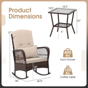 RELAX4LIFE 3-Piece Rocking Bistro Set - Rattan Wicker Rocking Chairs w/2-Tier Coffee Table, Cushions & Pillows, Conversation Rocker Set for Porch Garden Backyard, Outdoor Patio Furniture (Beige)