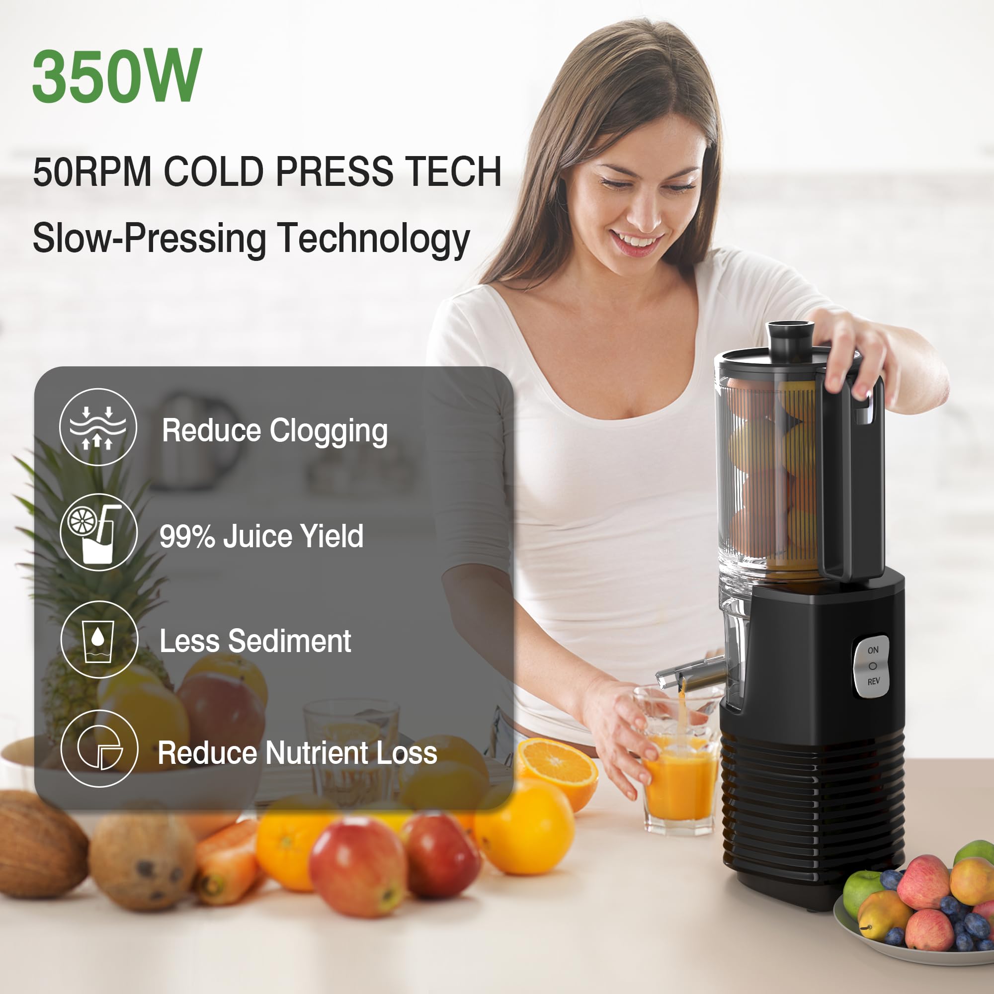 Cold Press Juicer, 350W Masticating Juicer with 5.4" Large Feed Chute Fit Whole Fruits & Vegetables, Cold Press Electric Juicer Machines with High Juice Yield, Easy to Clean, BPA Exclude-Black.