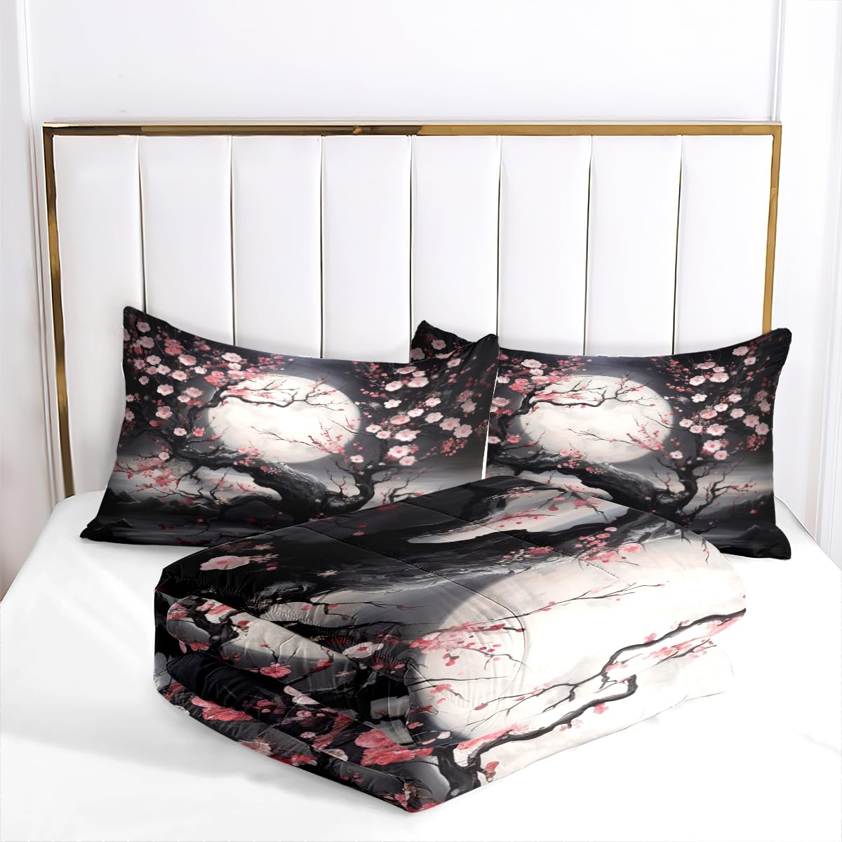 Jolusere Cherry Blossom Bedding Set Queen Size Japanese Comforter for Girls Boys Pink and Black Comforter Set Soft Aesthetic Floral Comforter with 2 Pillowcases