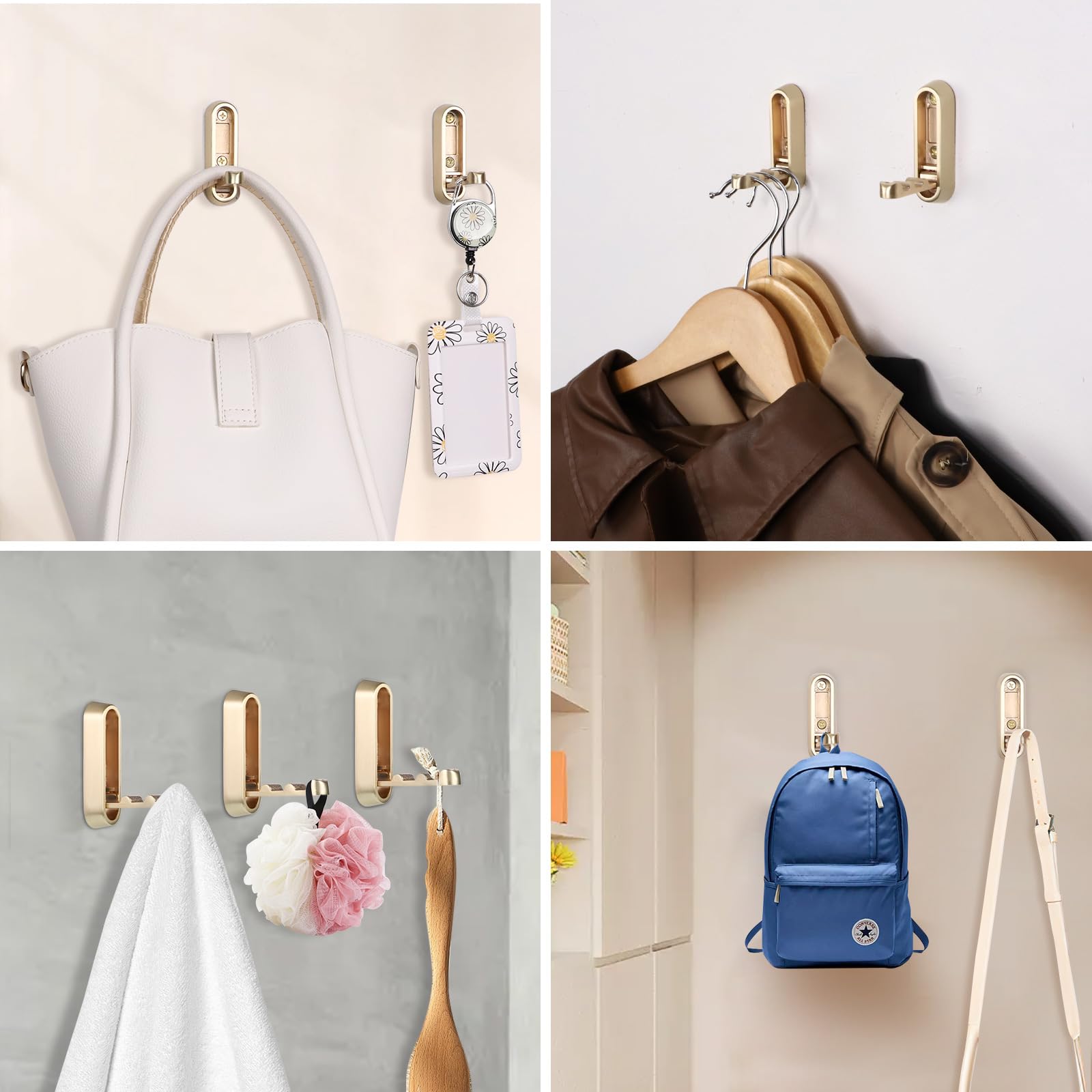 Dntorx Folding Coat Hooks, 2 Pcs Foldable Gold Wall Hooks Heavy Duty Foldable Hook Bathroom Towel Hooks Robe Hooks Wall Mounted for Hanging Coat Towels Clothes Hat Bags Keys