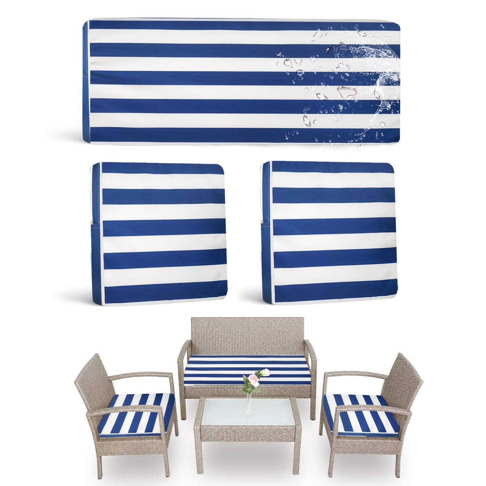 3 Pack Outdoor Patio Seat Cushions Replacement Covers Fit for Outdoor Furniture 4 Pieces Wicker Rattan Furniture Patio Conversation Set Loveseat Chair，Cover Only (Blue and White, 18x18x2,36x18x2)