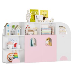 FOTOSOK Toy Storage Organizer with Truck Design, Kids Bookshelf with 12 Storage Cubbies and 2 Door, Toy Organizers and Storage for Playroom, Bedroom, School, Nursery, Pink and White