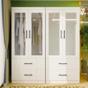 keloyid wooden armoire wardrobe closet with glass door, bedroom armoire storage cabinet, 4 door modern white armoire wardrobe closet with hanging rod for bedroom