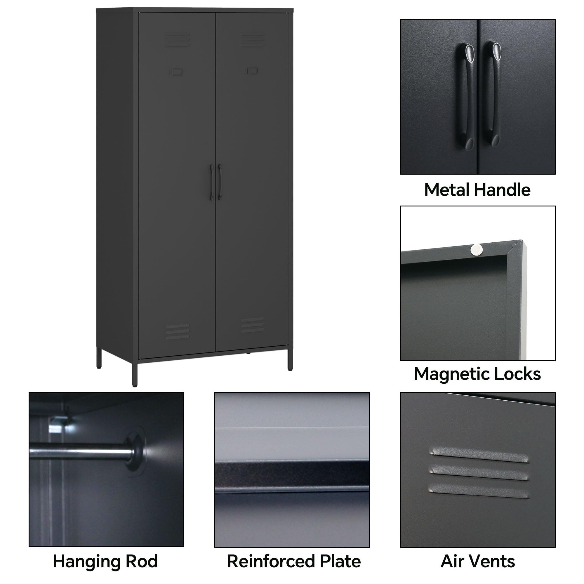 MIOCASA Metal Armoire, Wardrobe Closet Cabinet with Hanging Rod and 1 Shelf Steel Storage Locker Clothes Organizer for Bedroom, Changing Room, Laundry Room, Office - Black