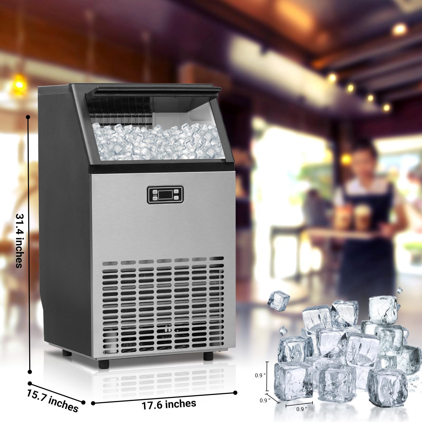 Commercial Ice Maker, 100 lbs/24h Ice Maker, Commercial Ice Maker Machine with LCD Panel, Commercial Ice Machine with 33lbs Ice Storage Capacity Ideal for Restaurant, Home and Offices, Stainless Steel