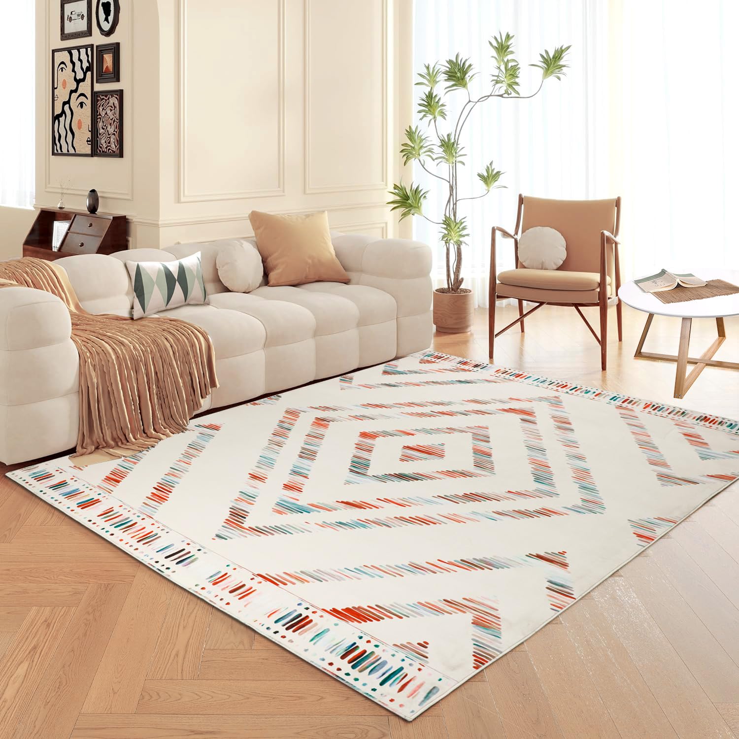 Geanlod Boho Beige Area Rugs 5x7 Washable Non Slip Modern Living Room Rug Low Pile Bedroom Rug Geometric Faux Wool Throw Carpet for Dining Room Bathroom Kitchen Home