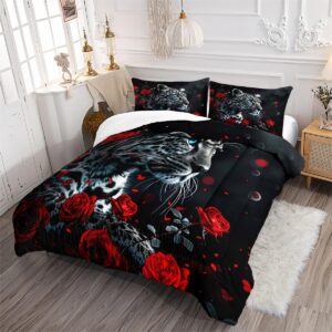 Jolusere Animal Print Bedding Queen Black Cheetah Comforter Set Red Rose Bedding Set for Boys Kids Teens Safari Leopard Quilt Insert Soft Lightweight Breathable Down Comforter with 2 Pillowcases