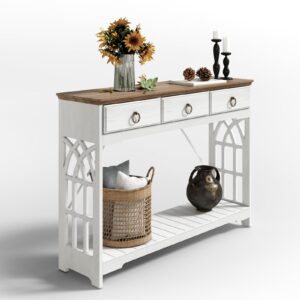 funitydg,43" Console Tables for Entryway with Drawers, Farmhouse Entryway Table with Shelf, Narrow Long Entry Table with Solid Wood Legs, Rustic Vintage Sofa Foyer Tables for Entryway, White