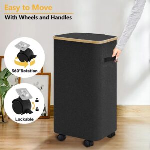 Black Laundry Hamper with Lid and Wheels,Rolling Laundry Basket with Handles Foldable Dirty Clothes Hamper Wheeled Laundry Hamper for Bedroom Dorm Laundry Room-75L