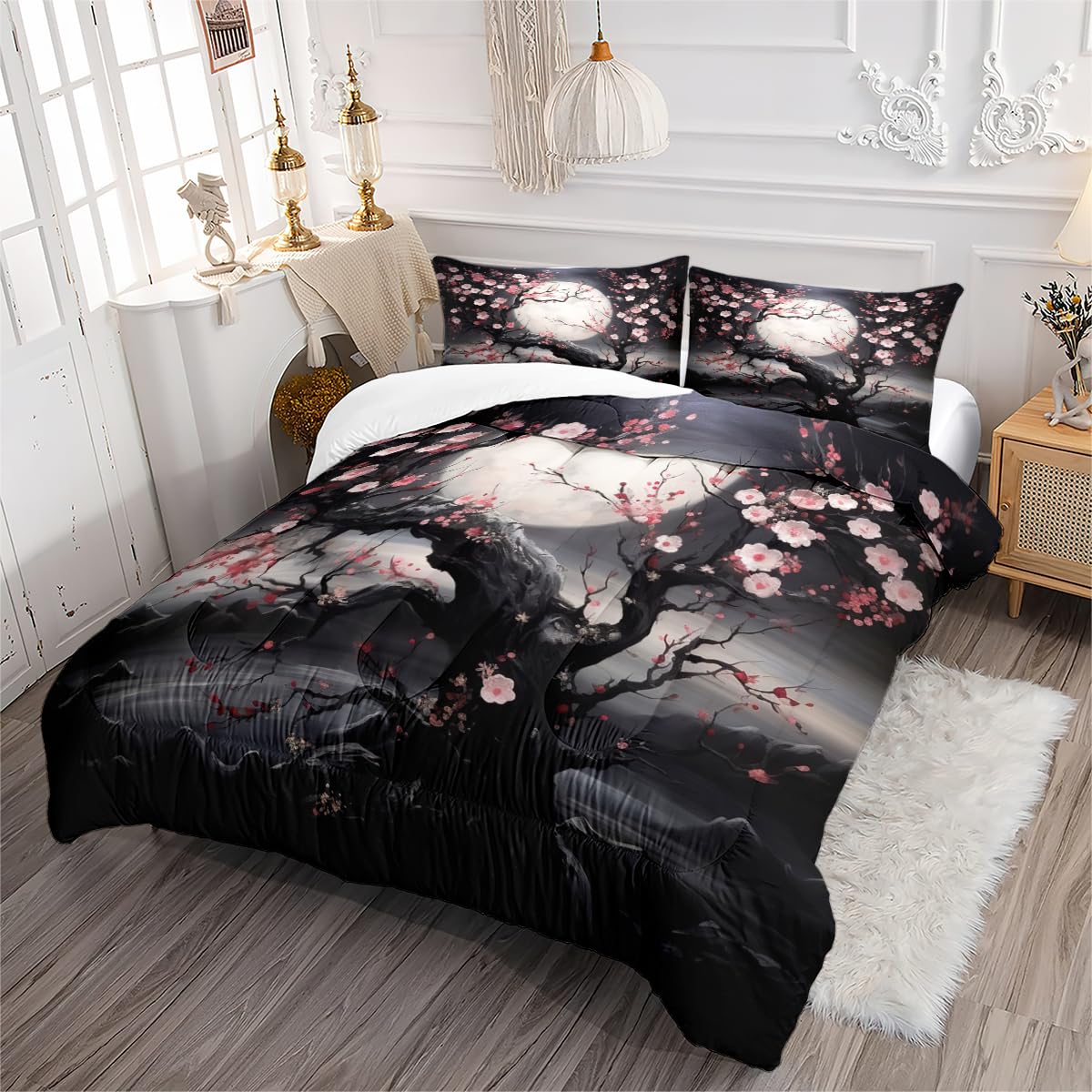 Jolusere Cherry Blossom Bedding Set Queen Size Japanese Comforter for Girls Boys Pink and Black Comforter Set Soft Aesthetic Floral Comforter with 2 Pillowcases