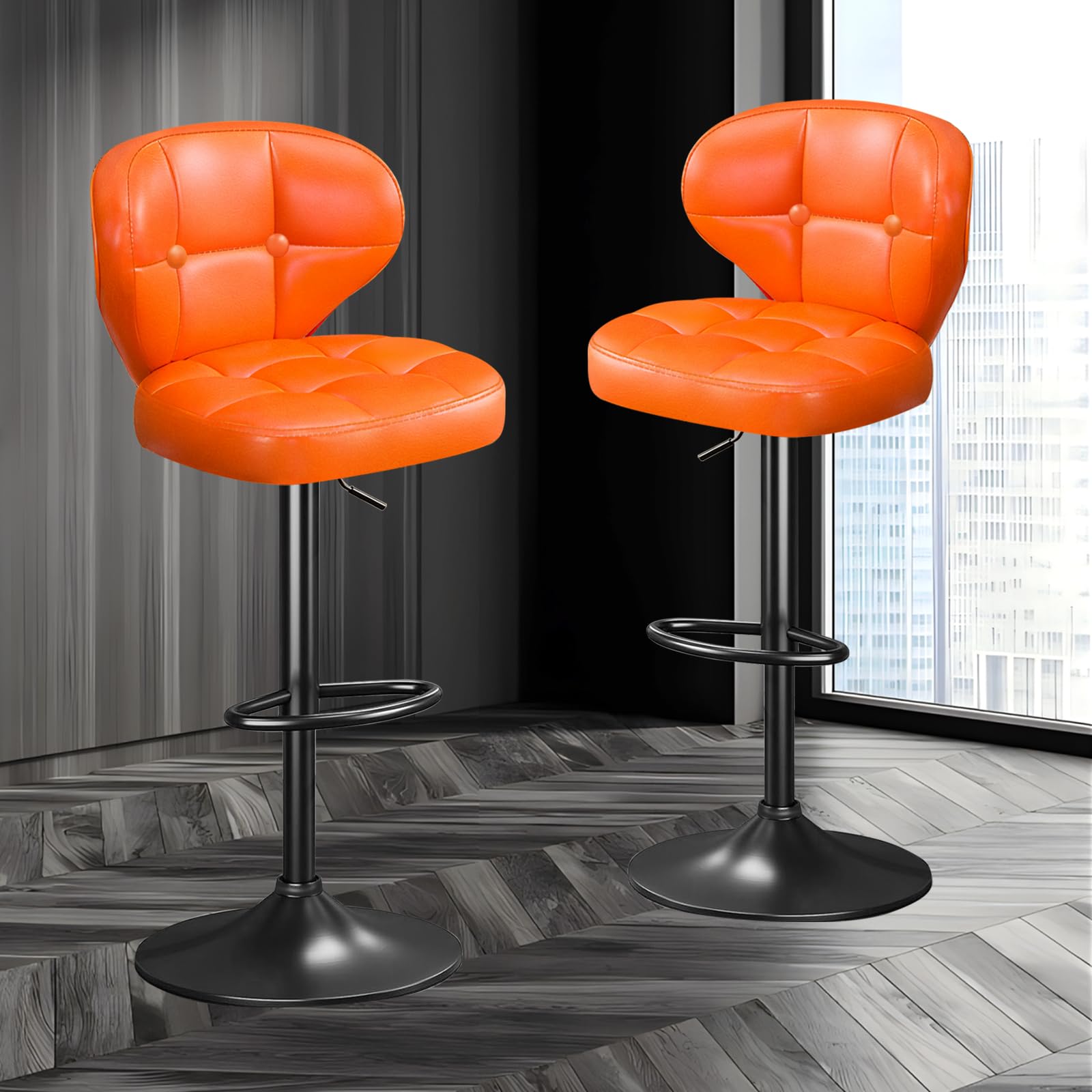 Modern Bar Stool Set of 2 Swivel Kitchen Stool Height Adjustable Padded Seat with Backrest Metal Frame Anti-Slip Base Ideal for Home Restaurant Bar (Orange)