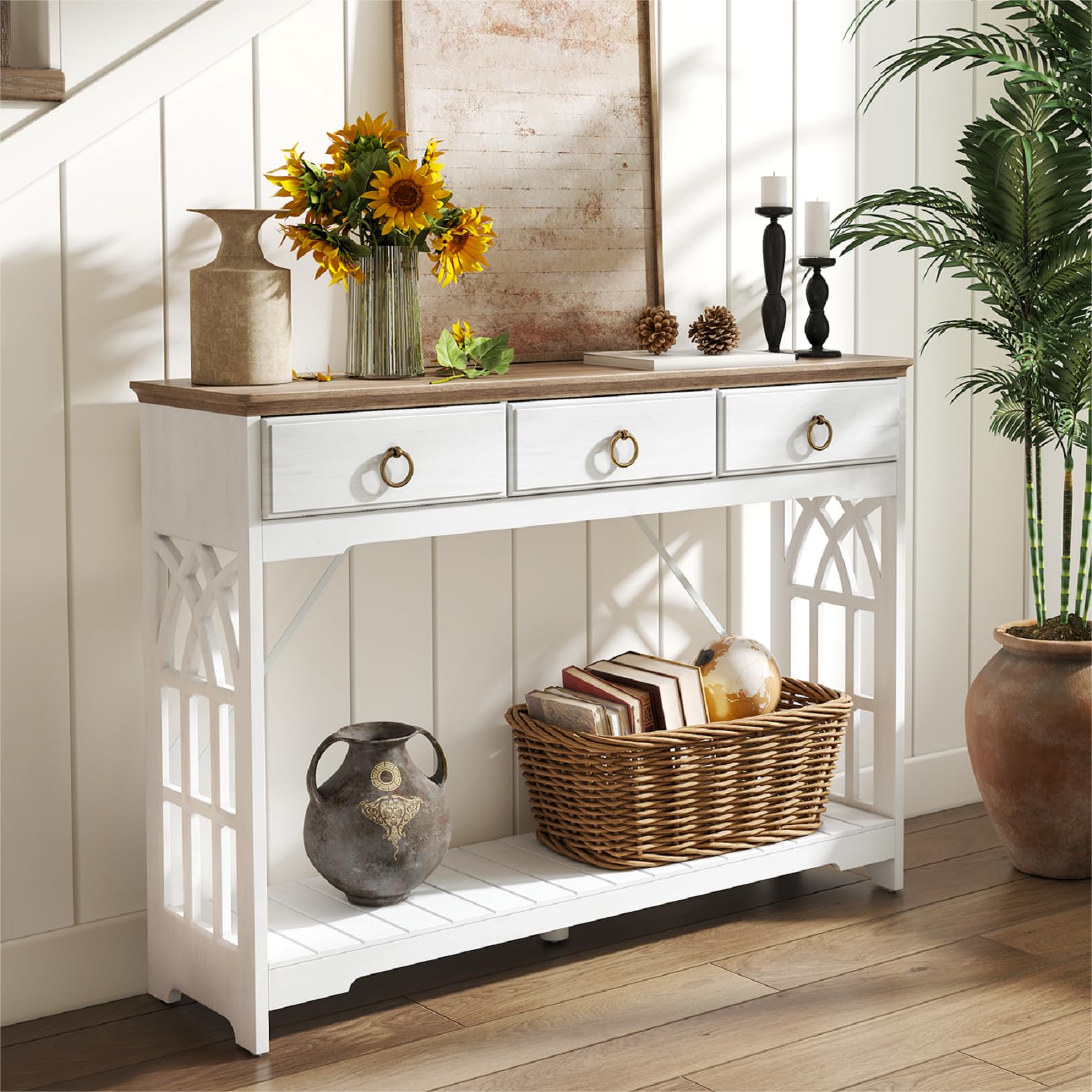 funitydg,43" Console Tables for Entryway with Drawers, Farmhouse Entryway Table with Shelf, Narrow Long Entry Table with Solid Wood Legs, Rustic Vintage Sofa Foyer Tables for Entryway, White