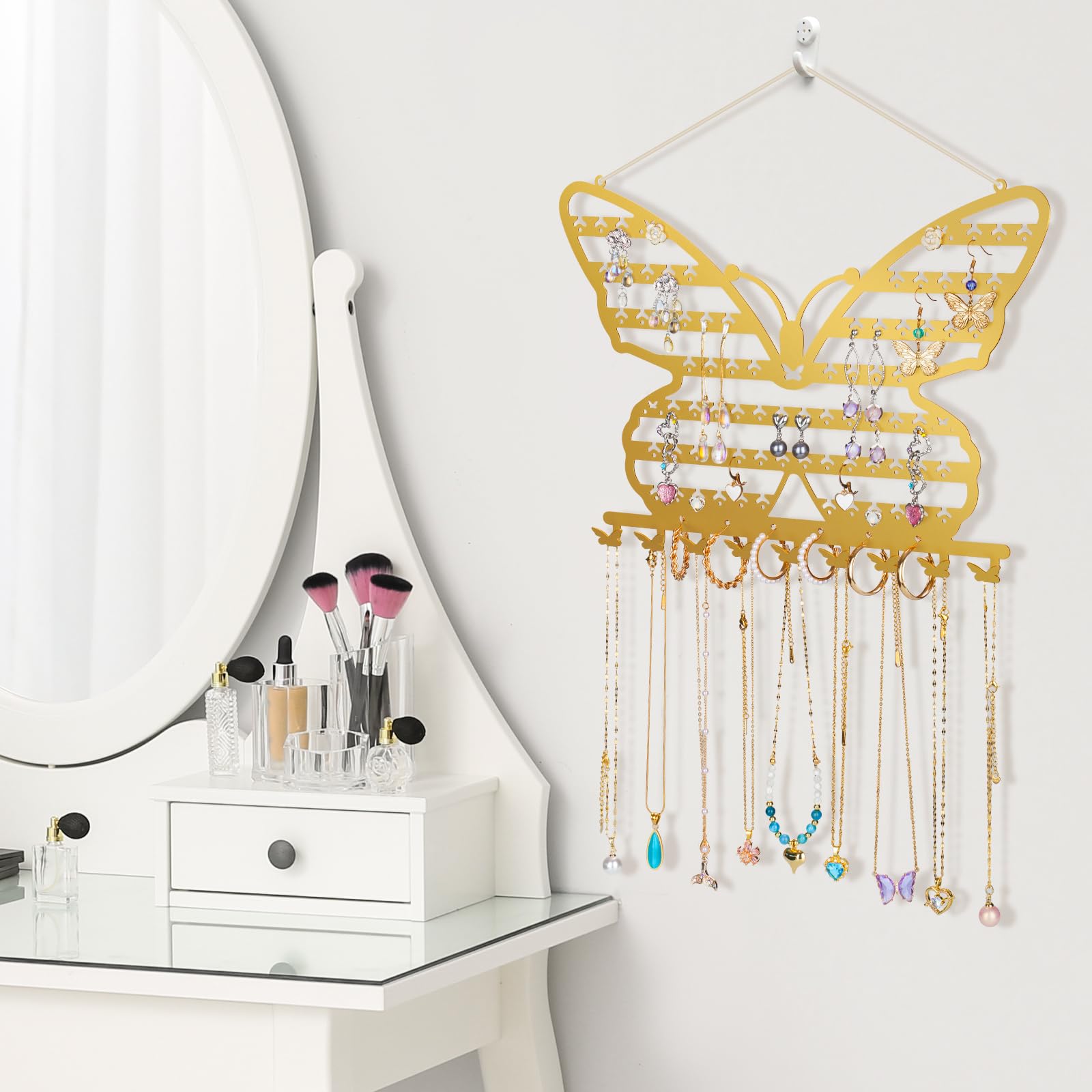 NiHome Butterfly Wall Mounted Jewelry Organizer, Decorative Metal Earring and Necklace Holder for Bedroom, Vanity, or Closet, Stylish Organizer with Easy Hanging for Fashion Lovers (Gold)