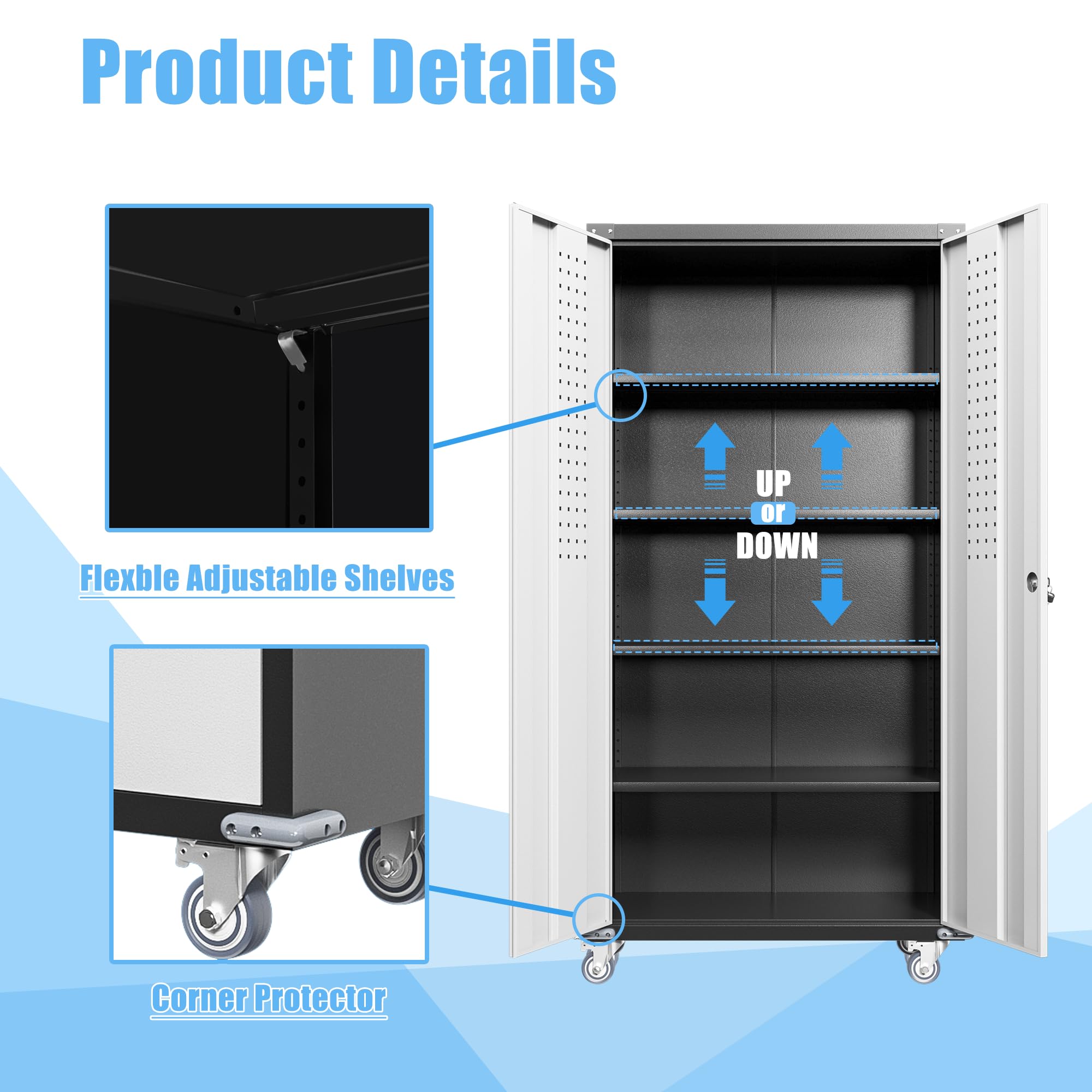 Waqiv Upgraded Metal Storage Cabinet with Wheels, Lockable Rolling Garage Storage Cabinet with 2 Pegboard, Steel Garage Cabinets on Wheels with 4 Adjustable Shelves, White&Black