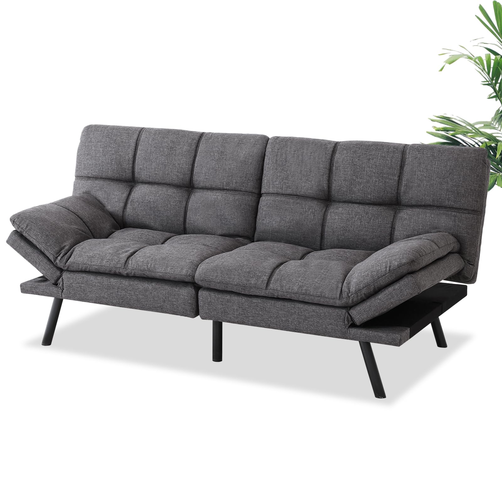 MUUEGM Convertible Futon Couch, High Density Memory Foam Futon Sofa, Ajustable Backrest Armrest Folding Futon for Living Room, Small Place, Apartment, Loveseat Daybed for Sleeper, Fabric Dark Gray