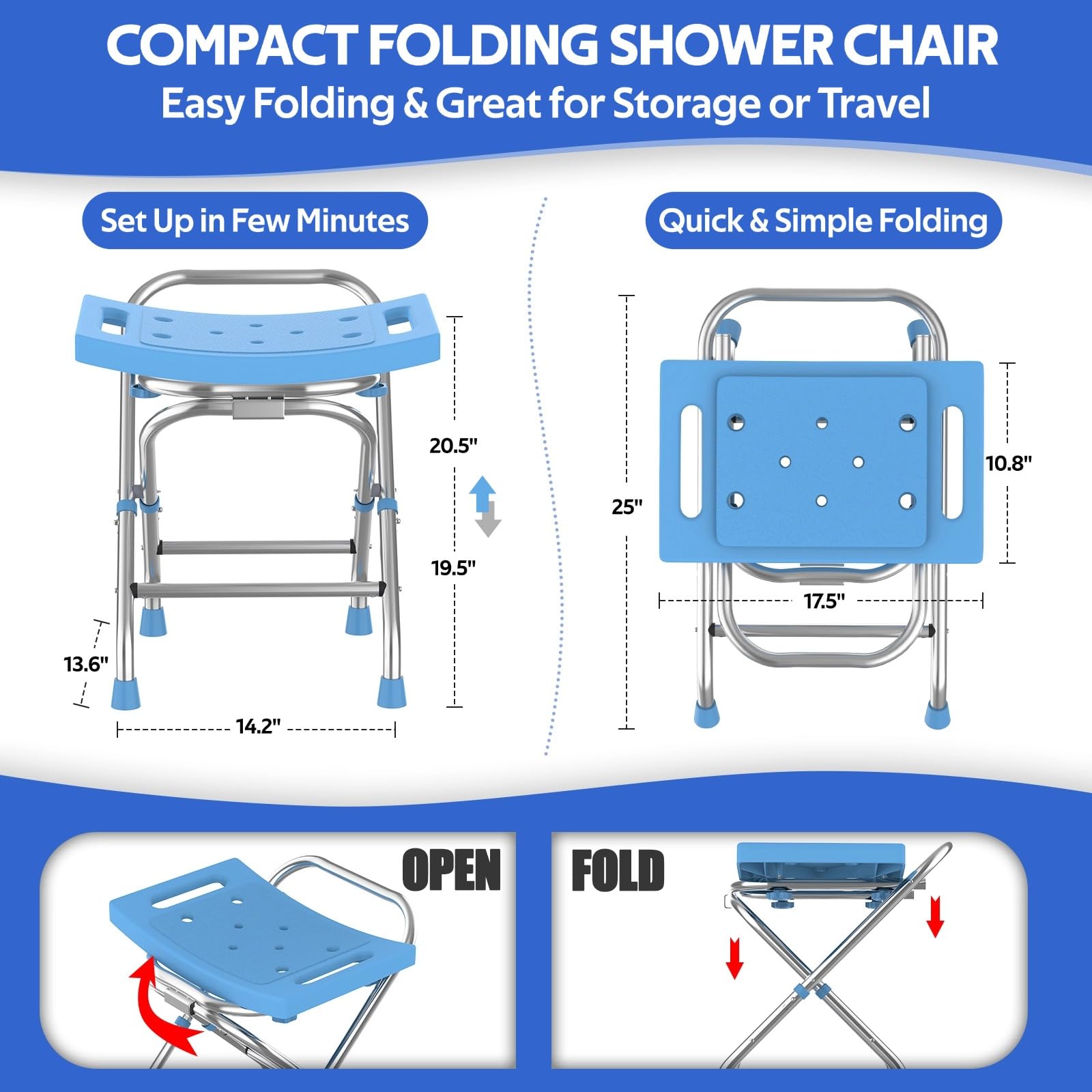 Folding Shower Seat - Stainless Steel Shower Chair for Inside Shower - 420lbs Height Adjustable Foldable Shower Stool - Portable Travel Collapsible Bath Bench for Elderly, Senior, Handicap & Disabled