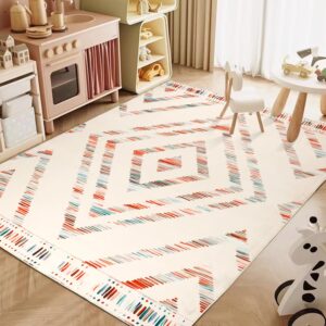 Geanlod Boho Beige Area Rugs 5x7 Washable Non Slip Modern Living Room Rug Low Pile Bedroom Rug Geometric Faux Wool Throw Carpet for Dining Room Bathroom Kitchen Home