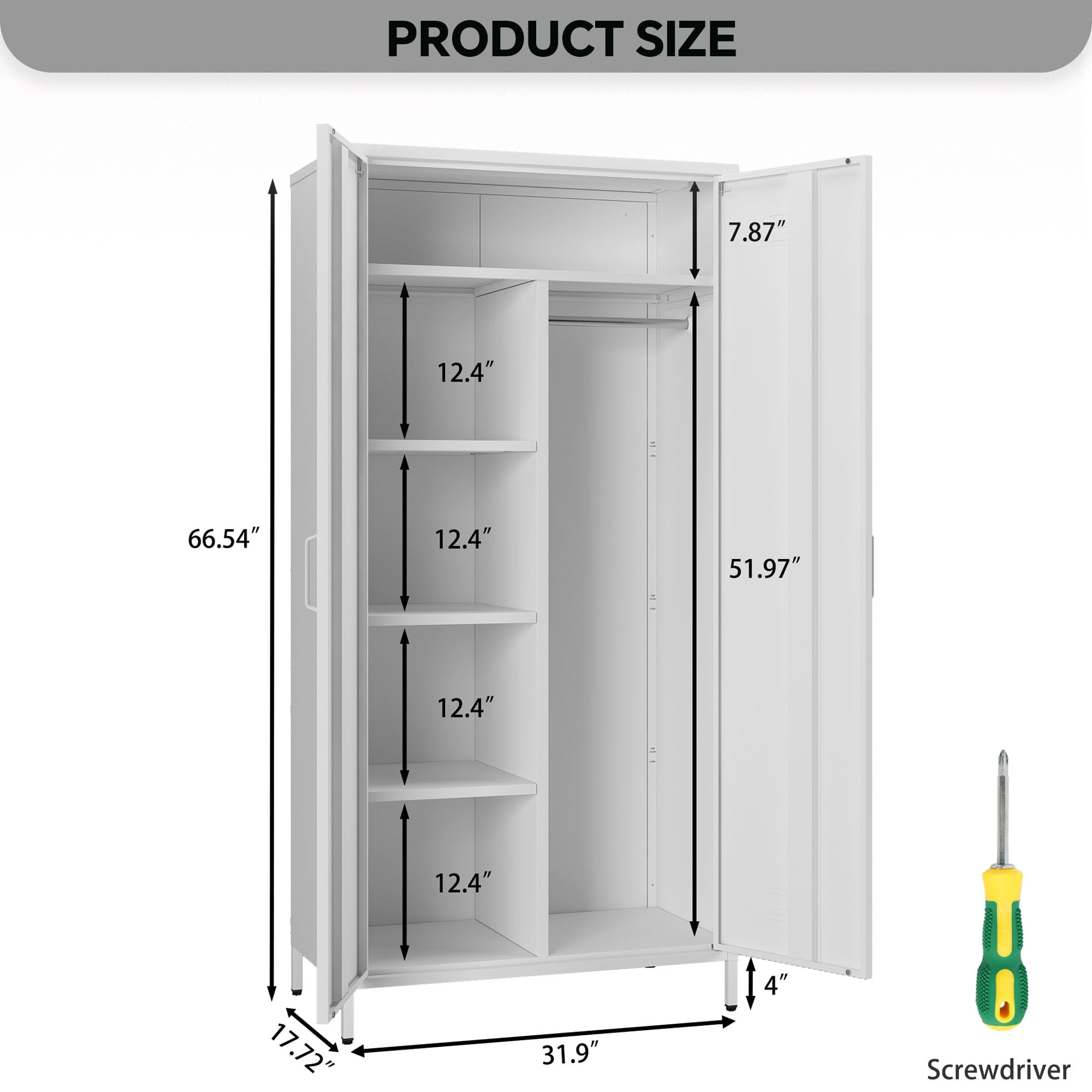 MIOCASA Metal Armoire, Wardrobe Closet Cabinet with 1 Hanging Rod and 4 Shelves Steel Storage Locker Clothes Organizer for Bedroom, Changing Room, Laundry Room, Office - White