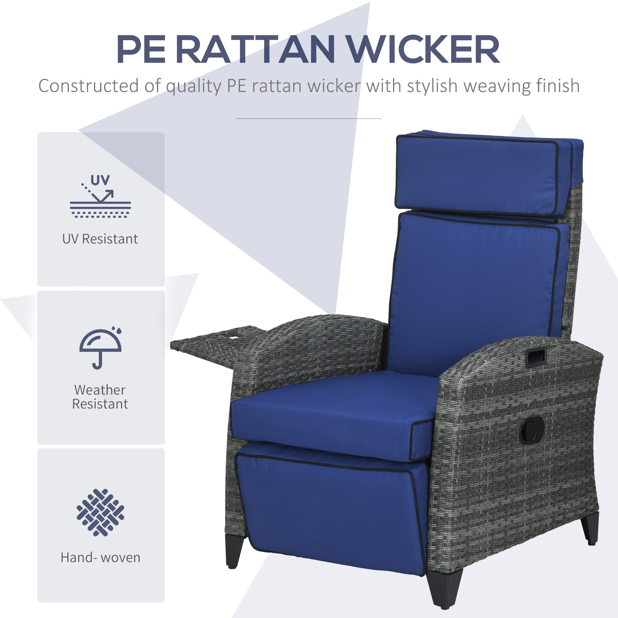 Outsunny Outdoor Recliner Chair with Adjustable Armrests, Footrest, PE Wicker Reclining Patio Lounge Chair with Cushions, Side Tray Table for Porch, Balcony, Dark Blue