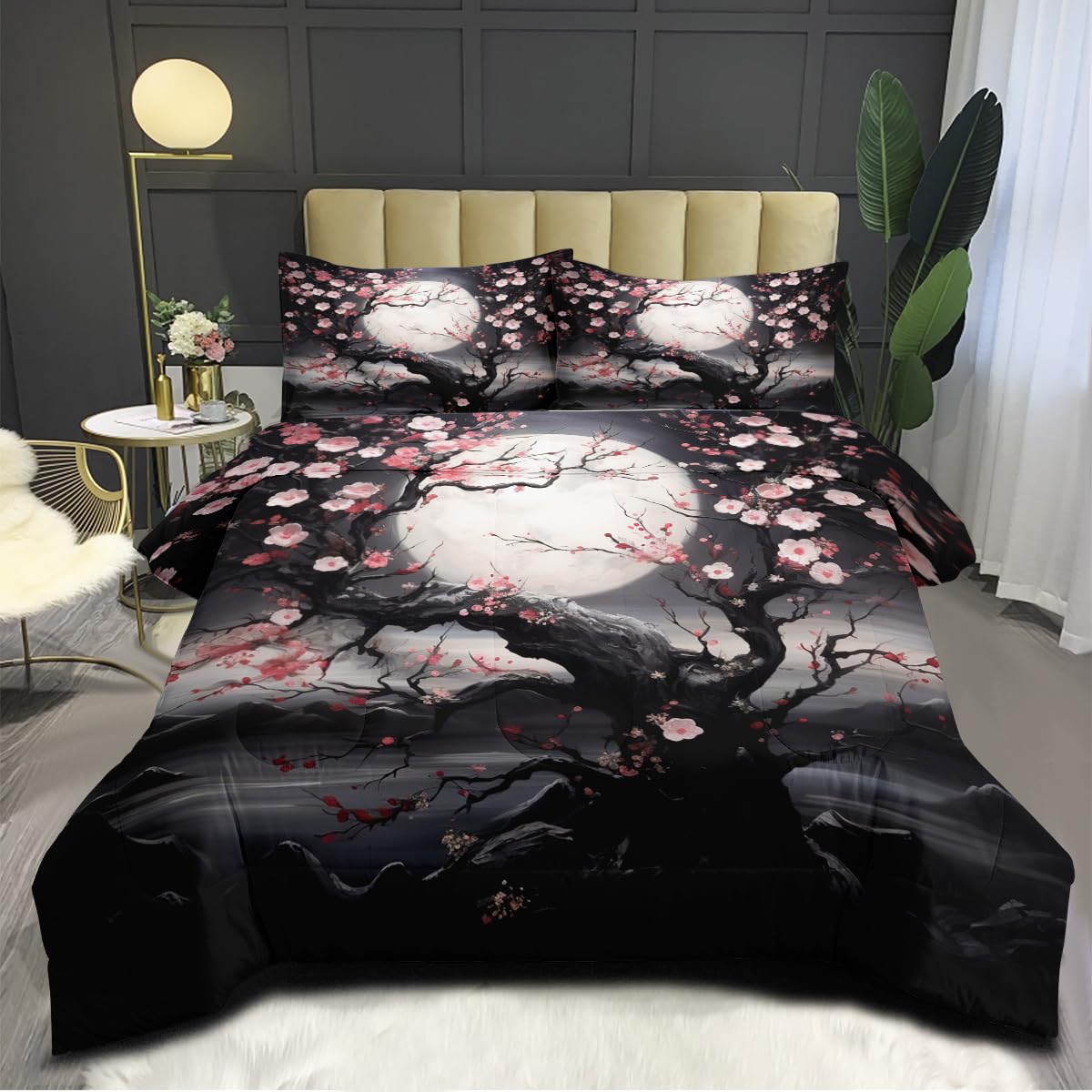 Jolusere Cherry Blossom Bedding Set Queen Size Japanese Comforter for Girls Boys Pink and Black Comforter Set Soft Aesthetic Floral Comforter with 2 Pillowcases