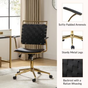 HULALA HOME Faux Leather Woven Office Desk Chair, Adjustable Swivel Task Chair with Padded Arms and Golden Legs, Modern Rattan Upholstered Computer Chair, Black