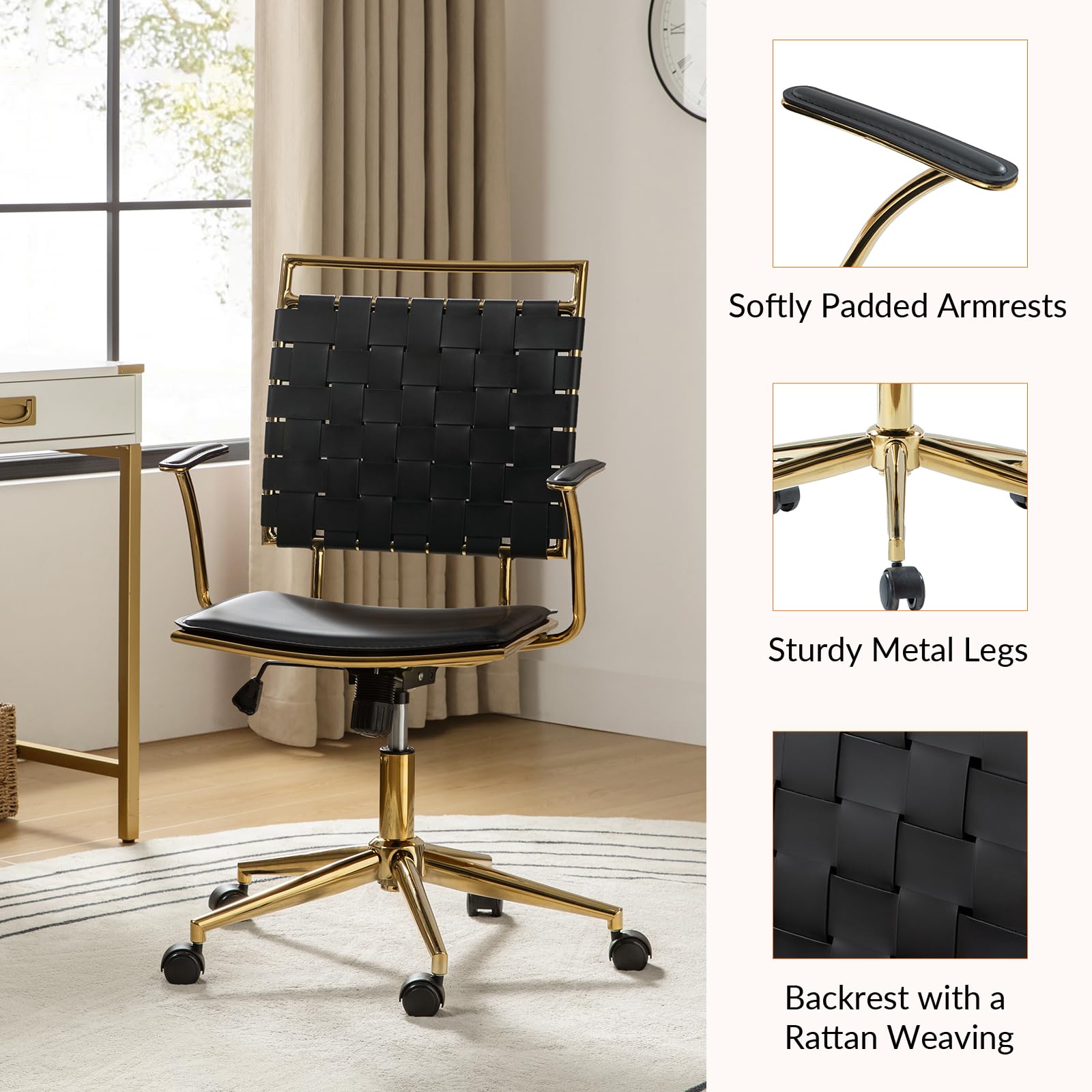 HULALA HOME Faux Leather Woven Office Desk Chair, Adjustable Swivel Task Chair with Padded Arms and Golden Legs, Modern Rattan Upholstered Computer Chair, Black