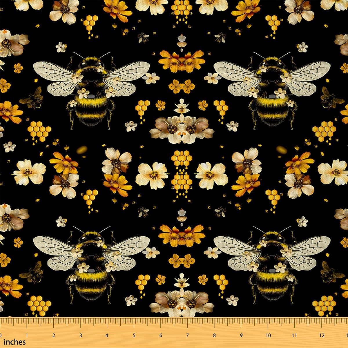 Feelyou Bee Fabric by The Yard 2 Yards Kids Fluffy Bumblebee with Flower Print Decorative Waterproof Outdoor Fabric for Boys Daisy Botanic Upholstery Fabric for Chairs Yellow Black Outdoor Fabric