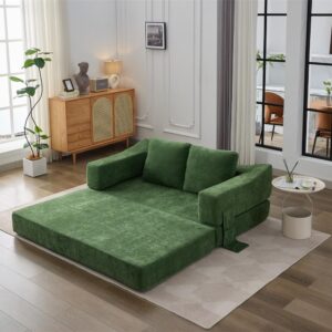 LUMISOL 70" Folding Pull Out Sofa Bed, Convertible Futon Sofa Bed with Removable Armrests & Side Pockets, Portable Foldable Floor Sleeper Sofa Couch with 2 Pillows for Living Room, Green