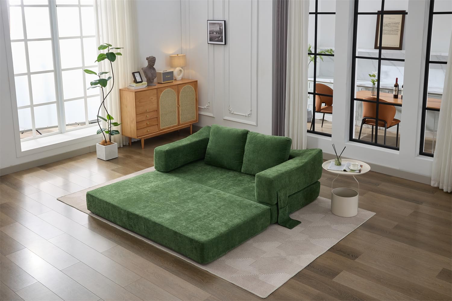 LUMISOL 70" Folding Pull Out Sofa Bed, Convertible Futon Sofa Bed with Removable Armrests & Side Pockets, Portable Foldable Floor Sleeper Sofa Couch with 2 Pillows for Living Room, Green