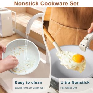 MDHAND Nonstick Cookware Sets, 17pcs Pots and Pans Set Non Stick, Non Toxic Kitchen Cooking Set with Removable Handles, Oven Safe, Induction Ready, Stackable Nonstick Set, PFAS/PFOA Free