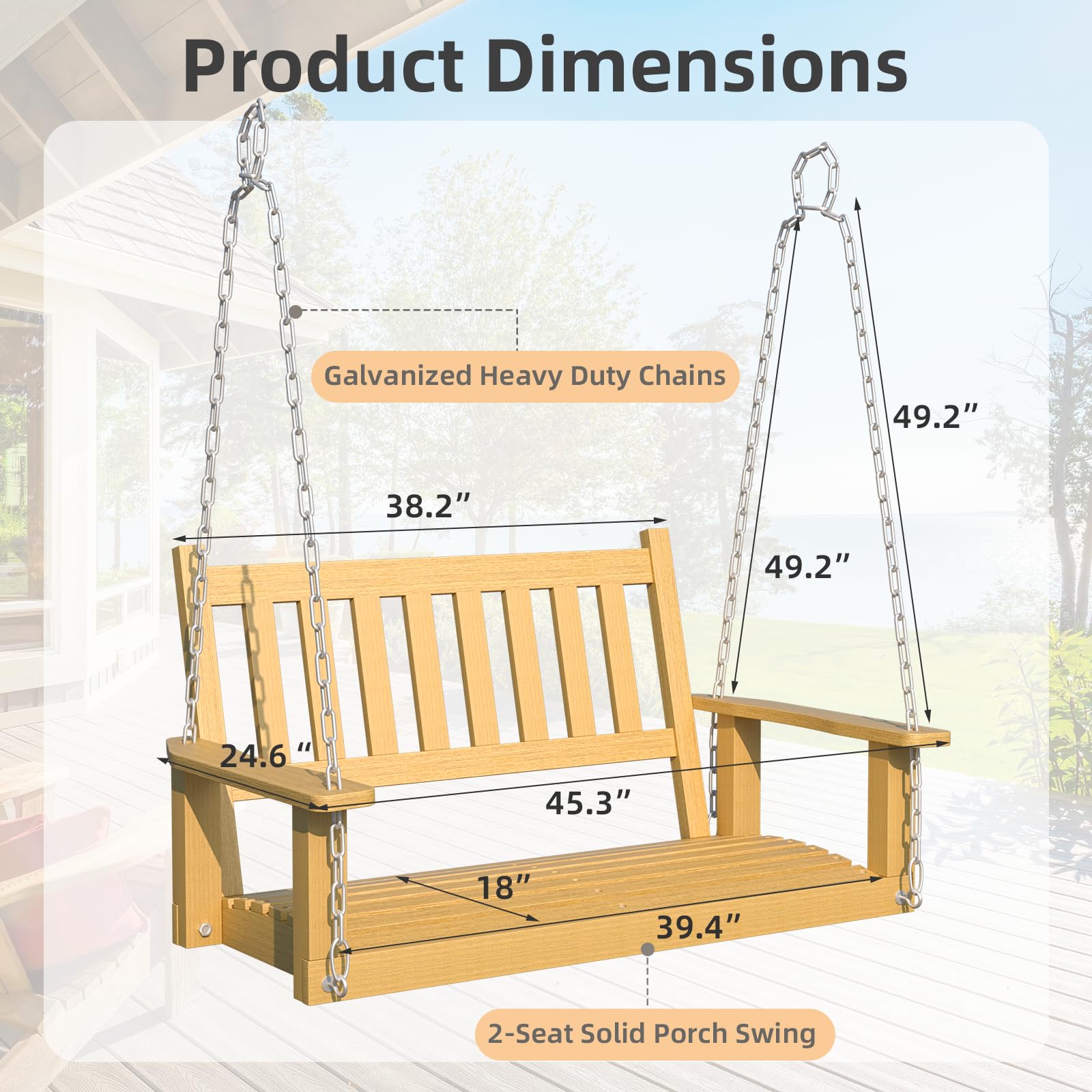 Swing Bench with Heavy Duty Hanging Chains Adjustable Outdoor Wooden Porch Swing [All-Weather Resistant] Outdoor Hanging Swing Bench for Adults/Porch/Yard/Patio(2-Seater)