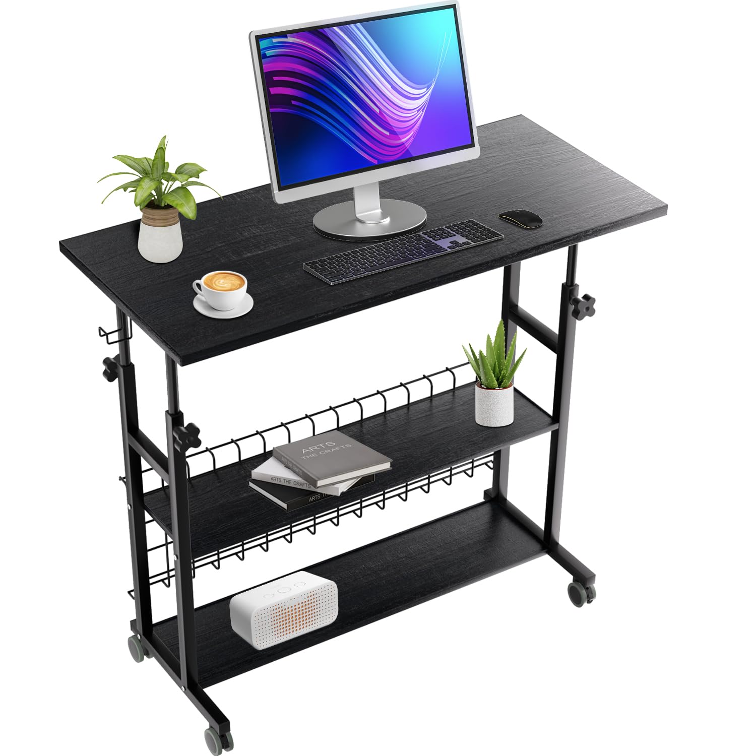 AIZ Rolling Laptop Cart with Storage for Small Spaces Portable Mobile Adjustable Computer Table on Wheels for Couch Bedrooms Black 39.4’’x19.7’’