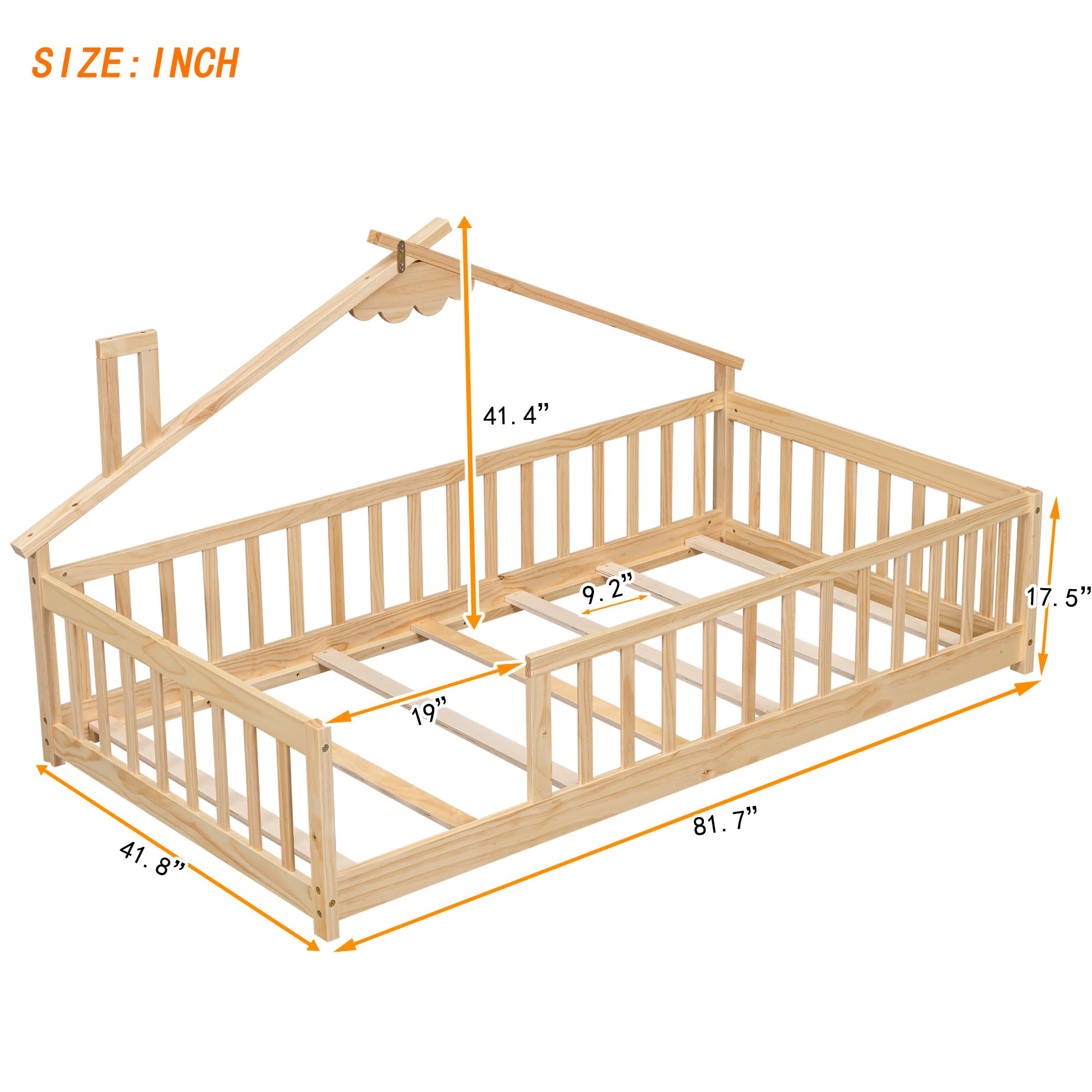 KEIKI Twin House-Shaped Bedside Floor Bed with Guardrails, Slats, Without Door,Natural