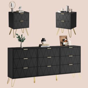 anbuy 9 drawer dresser and night stand sets for bedroom black, two drawers nightstand set of 2 & 9 drawer dresser combo 3 pieces (black)