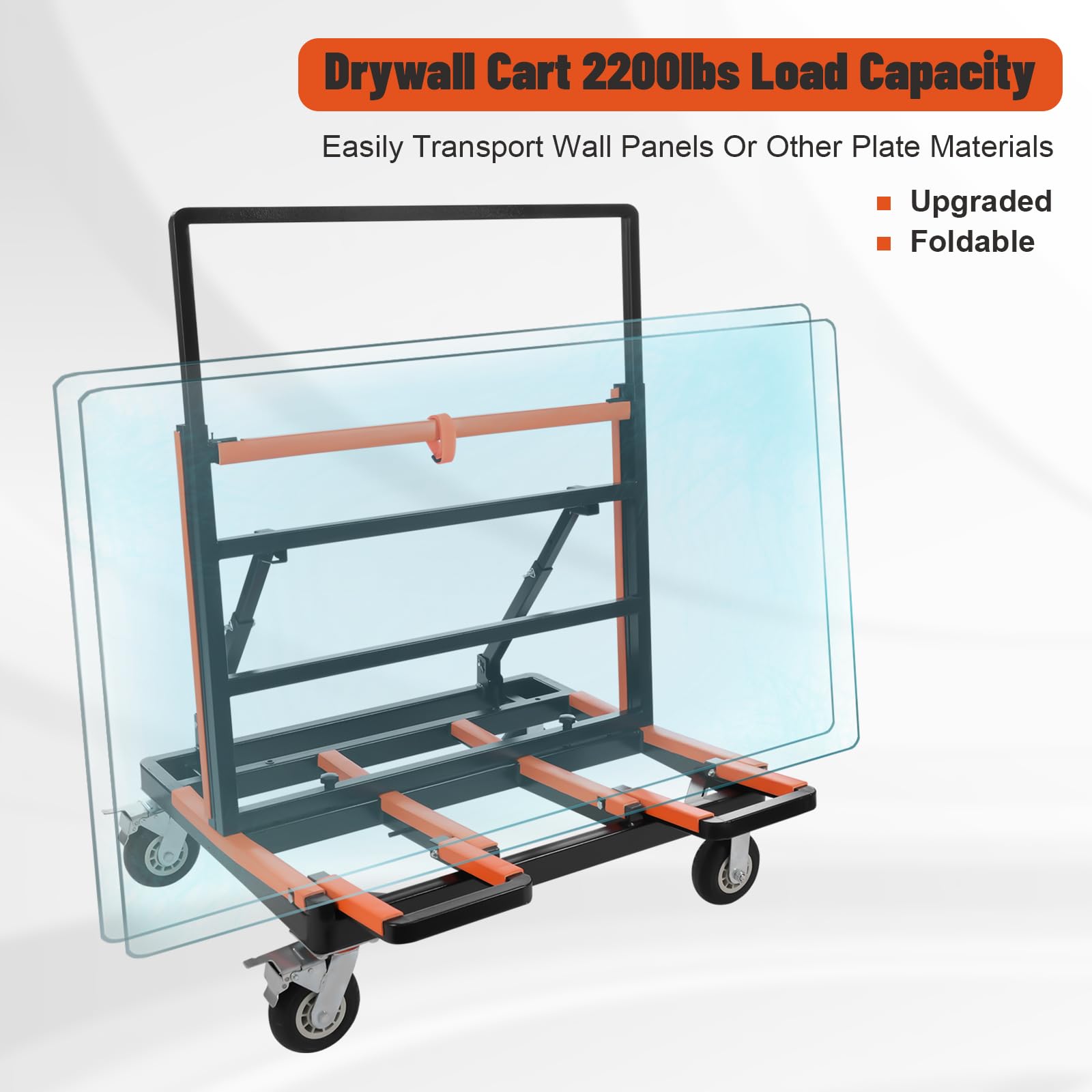 Upgrade Folding Drywall Cart, 2200 lbs Load Capacity, Heavy Duty Panel Dolly Cart with Rubber Swivel Casters, Handling Wall Panel, Sheetrock, Wood Panel, Windows, Rolling Dolly for Garage, Warehouse