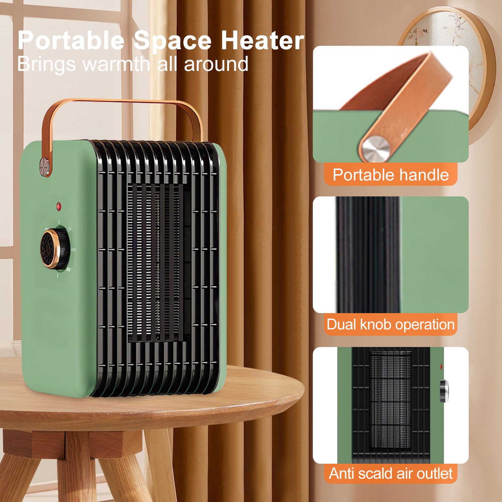 1500W Space Heater for Indoor Use PTC Portable Electric Heater Fast Heating Room Small Heater with Thermostat Heating and Fan Modes 110V Plug In Heater for Desk Office Bedroom Bathroom (Green)