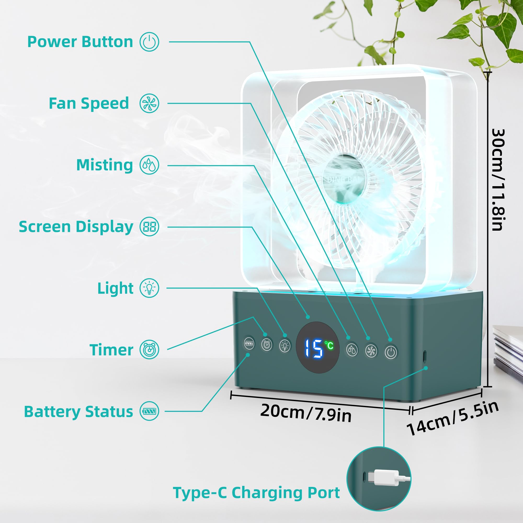 DINGBAI Portable Air Conditioner Fan,Camping Fan,Water-Cooled Fan,Misting Fan,Internal Battery,3 levels of speed,5 light Modes,Indoor Thermometer,1-8H Timer,Fan for Outdoor Bedroom Home Office Desktop