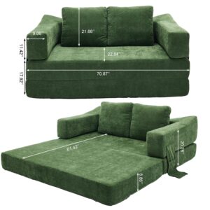 LUMISOL 70" Folding Pull Out Sofa Bed, Convertible Futon Sofa Bed with Removable Armrests & Side Pockets, Portable Foldable Floor Sleeper Sofa Couch with 2 Pillows for Living Room, Green