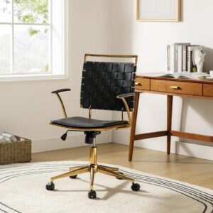 HULALA HOME Faux Leather Woven Office Desk Chair, Adjustable Swivel Task Chair with Padded Arms and Golden Legs, Modern Rattan Upholstered Computer Chair, Black