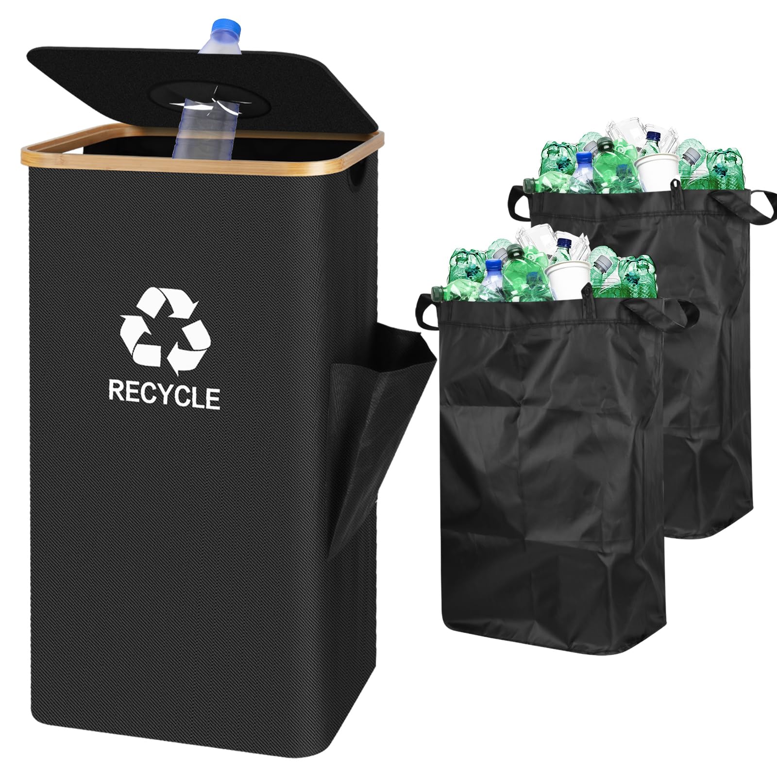 Recycling Bin Organizer for Home - 26 Gallon Recycle Bin for Kitchen with 2 Reusable Inner Bags - Indoor Recycling Bins with Lid for Bottles Cans Glass Plastic Cartons, Waterproof & Reusable (Black)