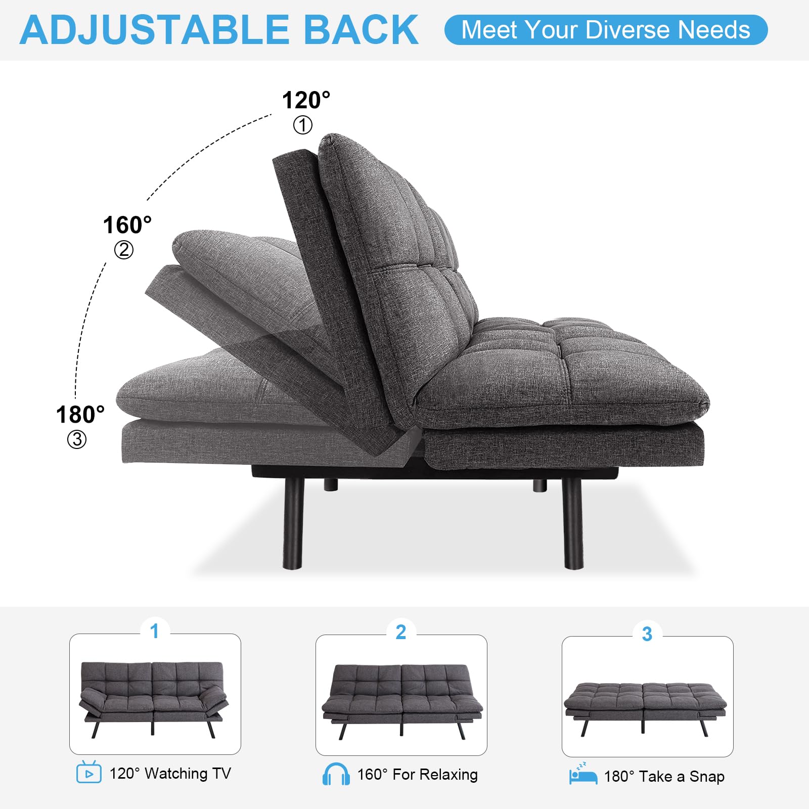 MUUEGM Convertible Futon Couch, High Density Memory Foam Futon Sofa, Ajustable Backrest Armrest Folding Futon for Living Room, Small Place, Apartment, Loveseat Daybed for Sleeper, Fabric Dark Gray