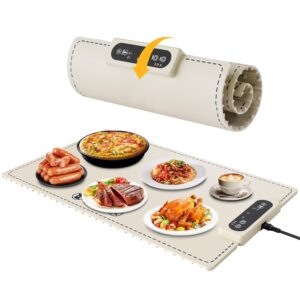 negative ion food warming mat with adjustable temperature,foldable electric warming tray for parties features 3 modes & fast heating,roll up food warmer for parties,shabbat,christmas （white）