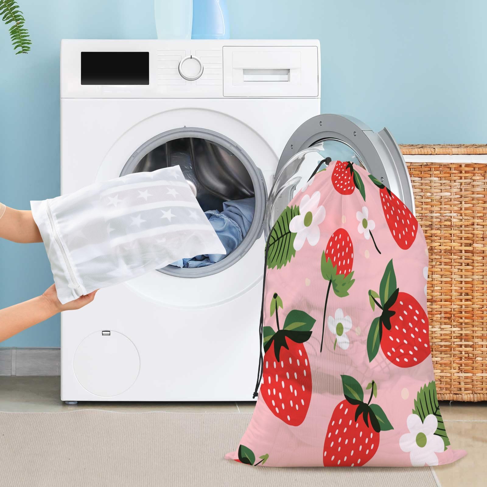 Extra Large Travel Laundry Bag And Mesh Laundry Bag, Rip-Stop Dirty Clothes Bag with Drawstring, Duty Travel Laundry Bag, Large Laundry Hamper Liner (24" x 36") Cute Strawberry (28)