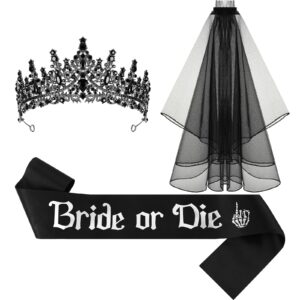 panitay 3 pcs bride or die bachelorette party decorations set bride crown veil sash brides for black wedding decorations gothic wedding day accessories halloween