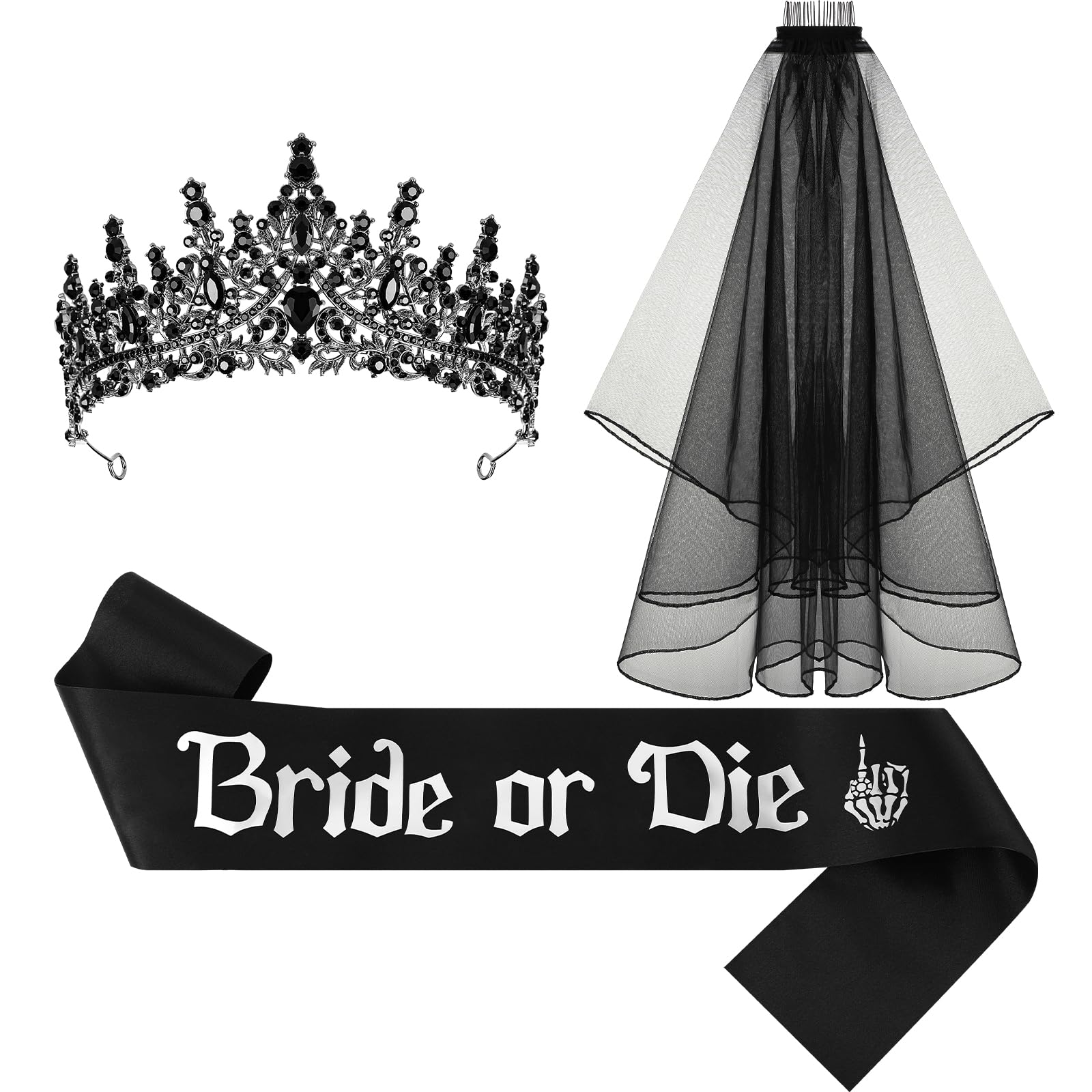 Panitay 3 Pcs Bride or Die Bachelorette Party Decorations Set Bride Crown Veil Sash Brides for Black Wedding Decorations Gothic Wedding Day Accessories Halloween