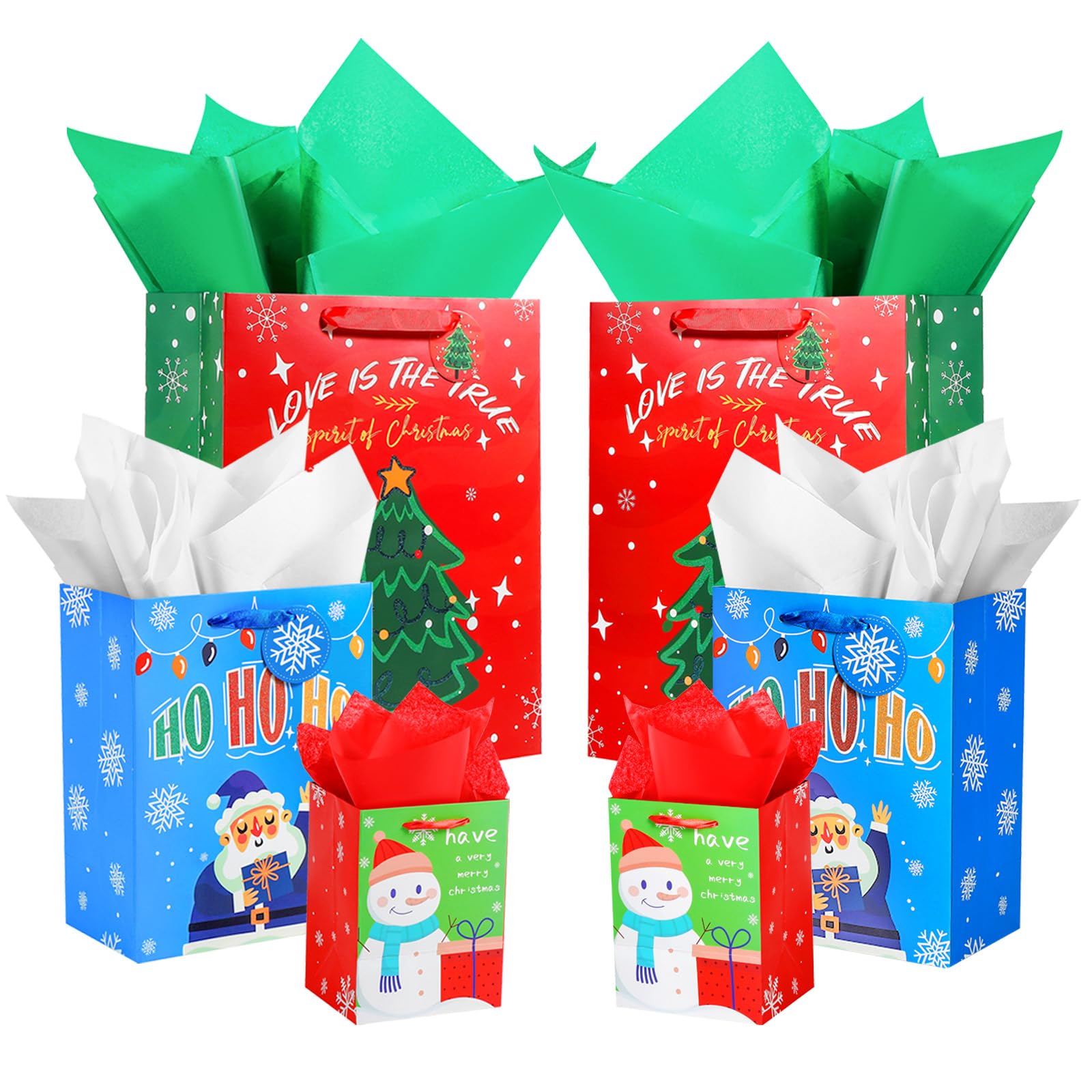 6 PCS Christmas Gift Bags, Christmas Tote Bags with Handles, Assorted Sizes Multifunctional Non-Woven Treat Bags for Gifts Wrapping Shopping, Xmas Party Supplies (2 Large 13", 2 Medium 9", 2 Small 6")