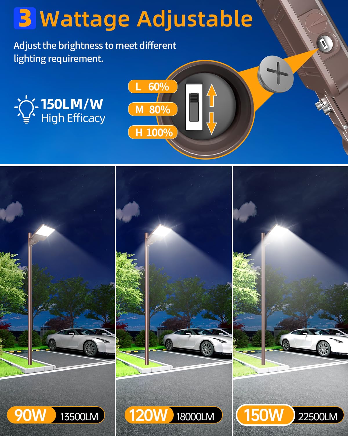 9PCS LED Parking Lot Lights 150W 120W 90W, LED Shoebox Light 5000K Adjustable Arm Mount, UL Listed Outdoor Pole Light with Photocell, IP65 Waterproof Commercial Street Area Flood Lighting 100-277V