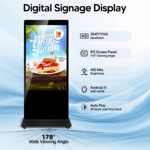 55" Digital Signage Displays Kiosk Android 11.0, Indoor LCD Advertising Displays 4K Non-Touchscreen Digital Kiosk, 4GB RAM & 64GB ROM, WiFi HDMI/USB/CMS System Auto Media Player