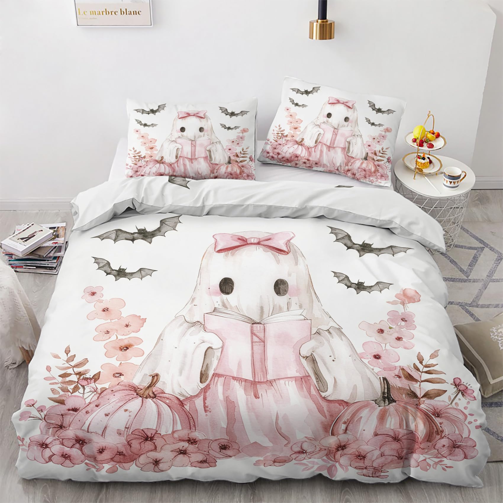 AopGlyvyr Cute Ghost Duvet Cover Queen Size, Halloween Comforter Cover, Spooky Bedding Set, Breathable Duvet Cover with Zipper Closure, 3 Pieces, 1 Duvet Cover and 2 Pillowcase