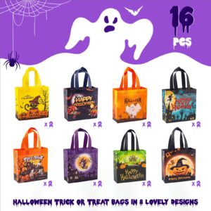 DECEED 16PCS Small Halloween Tote Bags,8 Pattern Trick or Treat Bags with Handle,Halloween Bags For Kids,Goodie Bag for Halloween Party Supplies